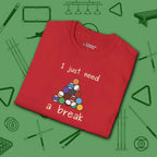 Need a Break 8-Ball T-Shirt, in Red color, billiards shirt, folded view