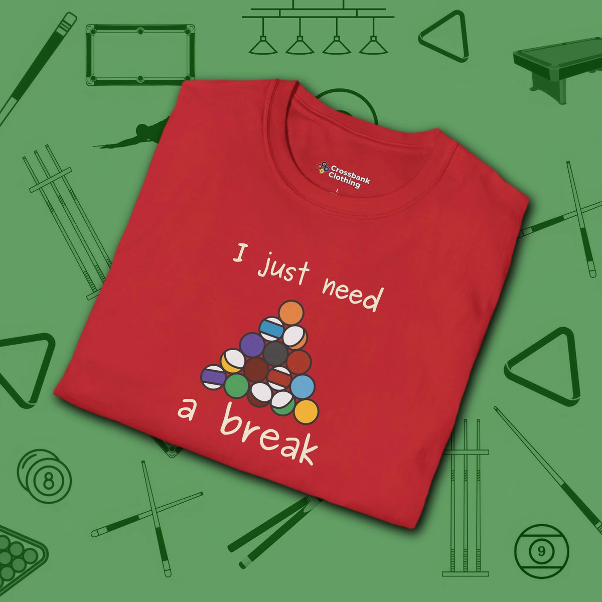 Need a Break 8-Ball T-Shirt, in Red color, billiards shirt, folded view
