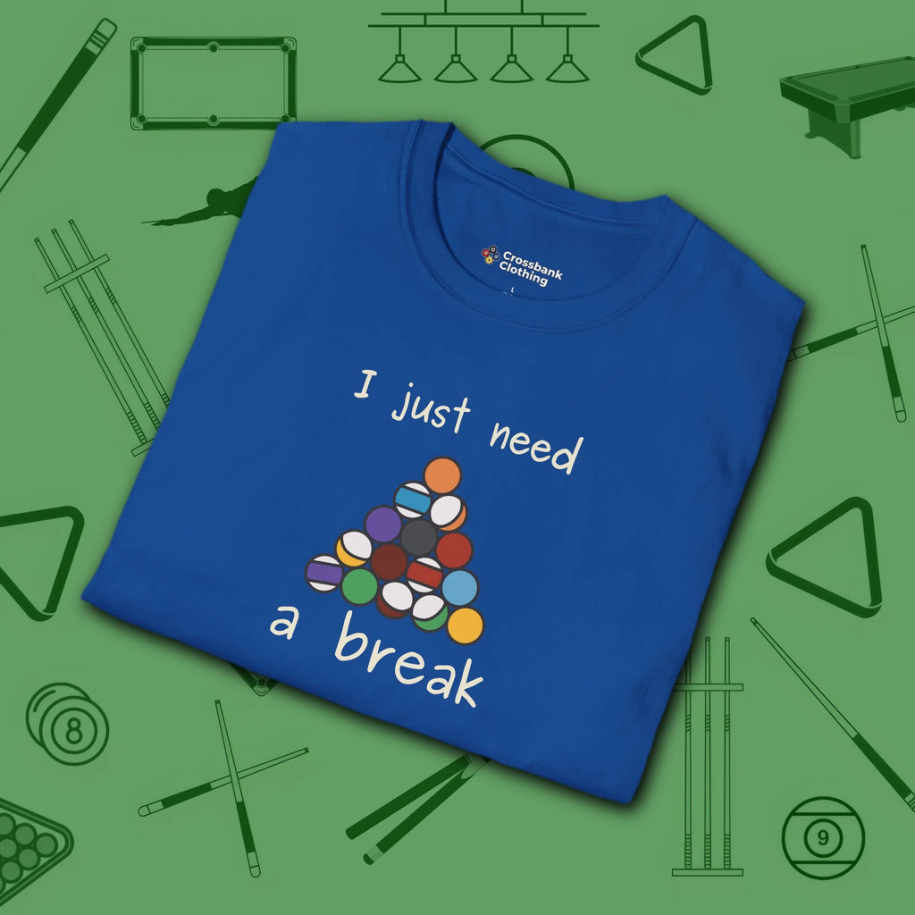 Need a Break 8-Ball T-Shirt, in Royal color, billiards shirt, folded view