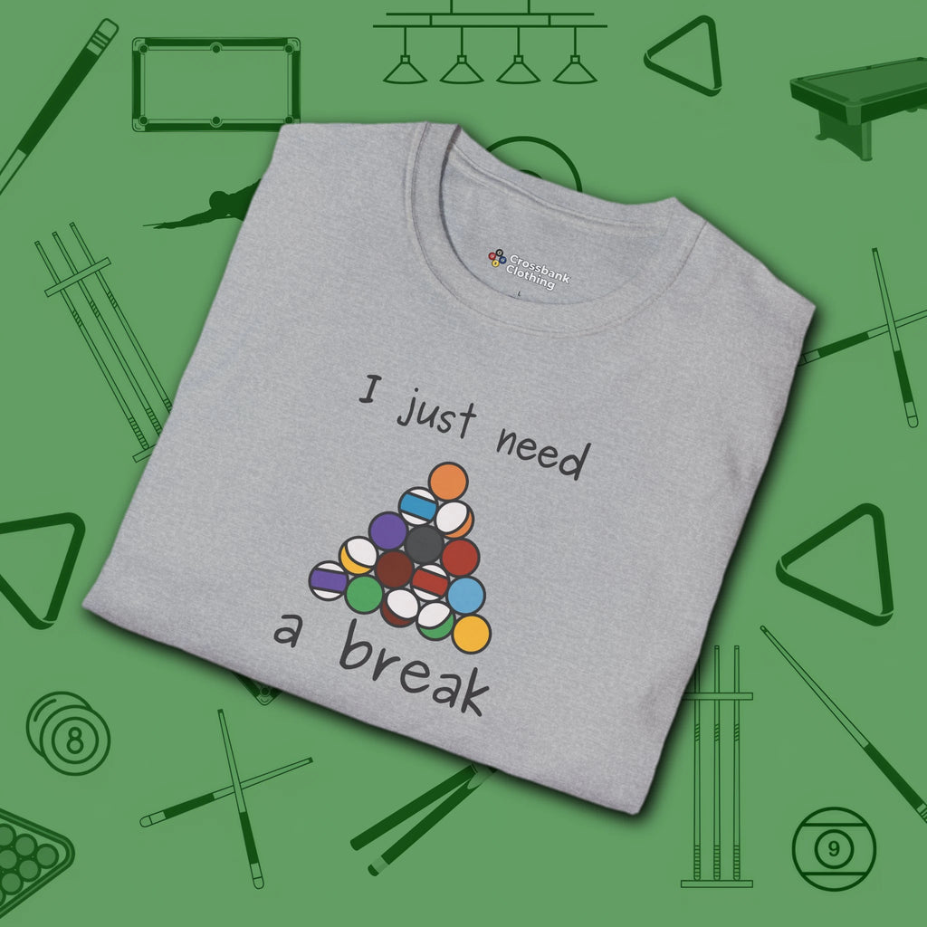 Need a Break 8-Ball T-Shirt, in Sport Grey color, billiards shirt, folded view