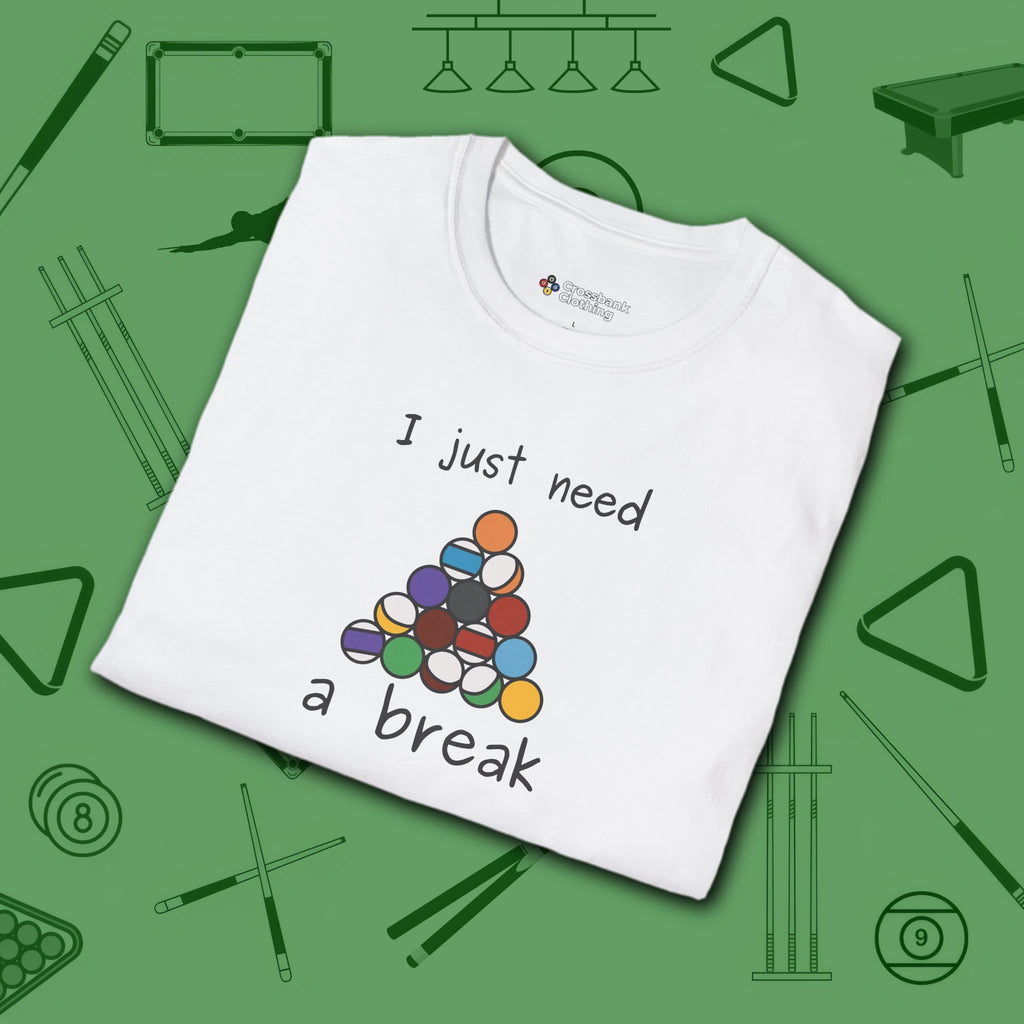 Need a Break 8-Ball T-Shirt, in White color, billiards shirt, folded view
