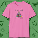 Need a Break 8-Ball T-Shirt, in Azalea color, billiards shirt, front view