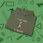 Need a Break 9-Ball Hoodie, in Military Green color, billiards hoodie, folded view