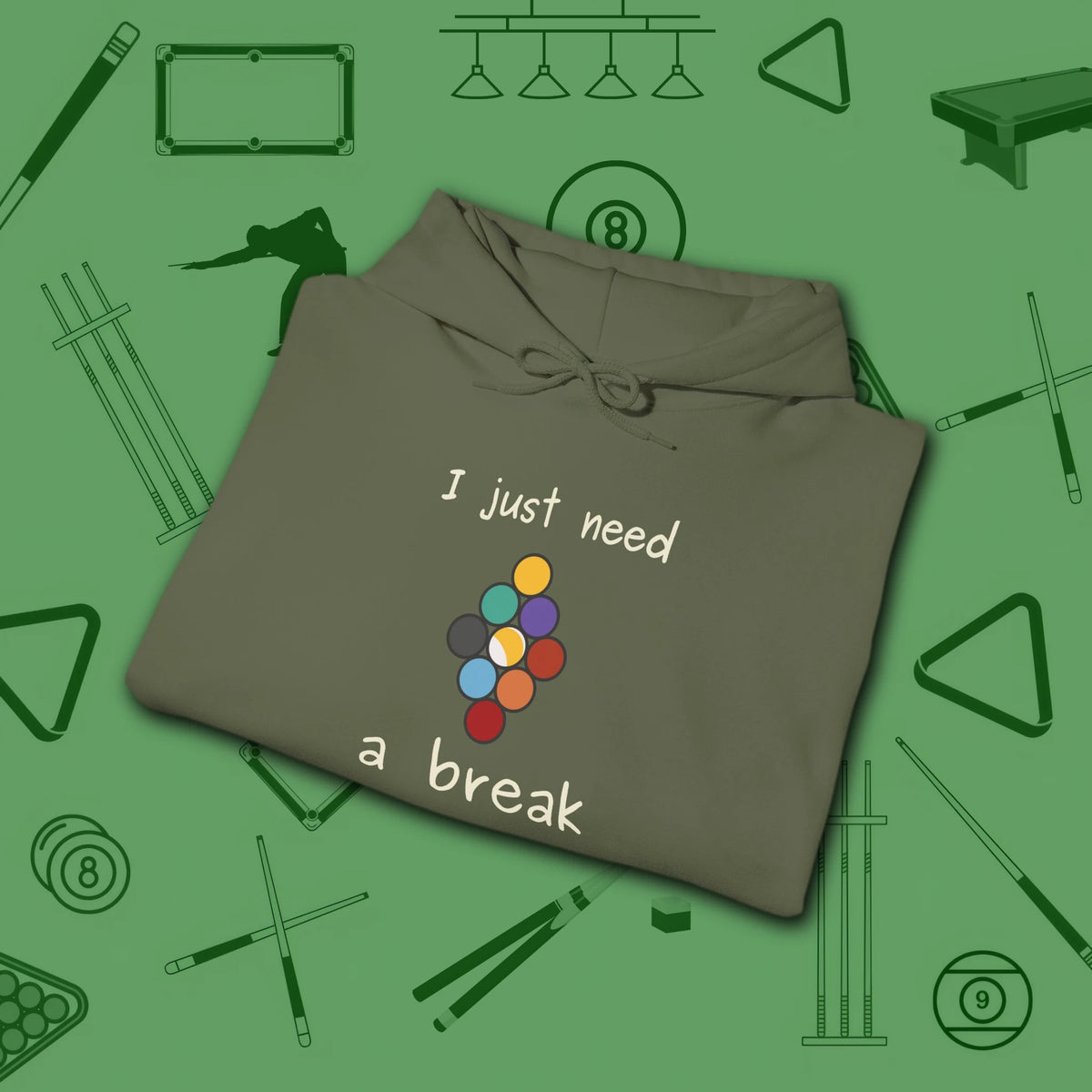 Need a Break 9-Ball Hoodie, in Military Green color, billiards hoodie, folded view