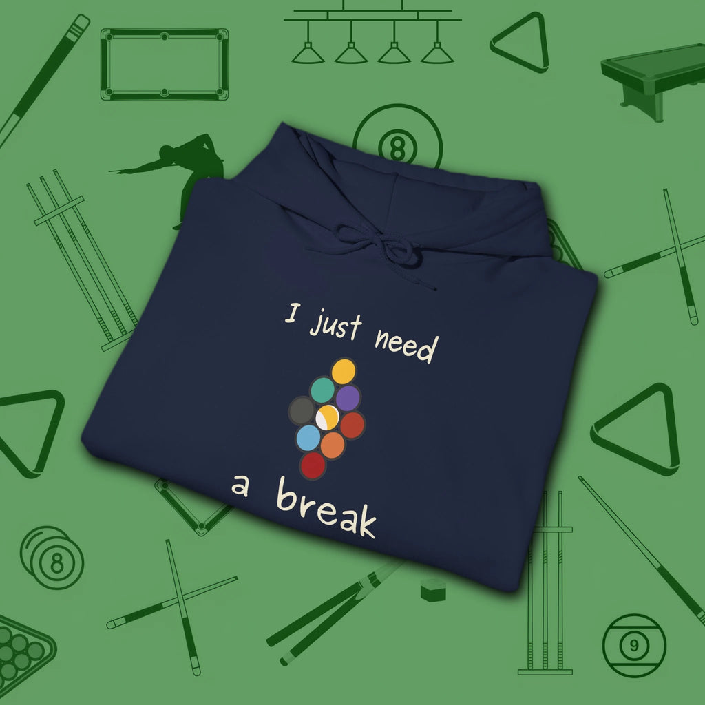 Need a Break 9-Ball Hoodie, in Navy color, billiards hoodie, folded view