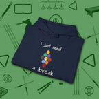 Need a Break 9-Ball Hoodie, in Navy color, billiards hoodie, folded view