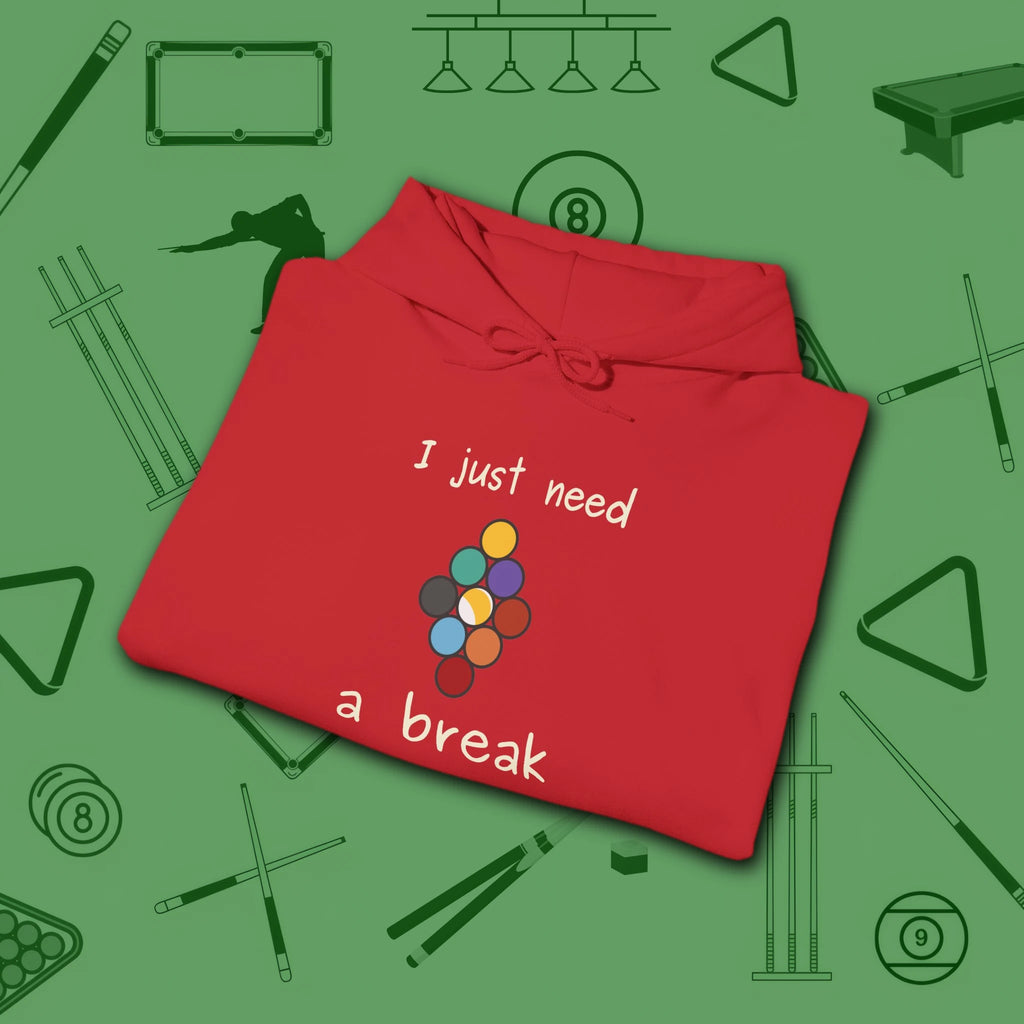 Need a Break 9-Ball Hoodie, in Red color, billiards hoodie, folded view