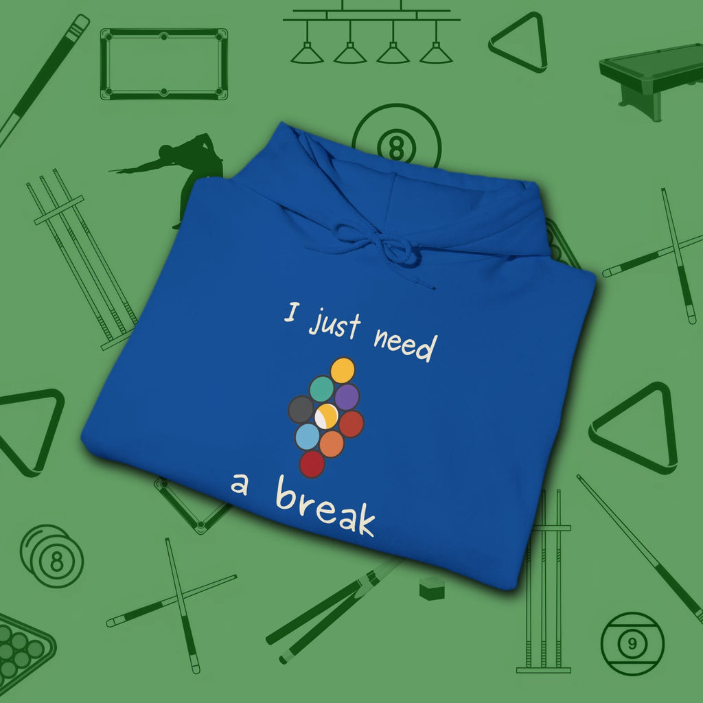 Need a Break 9-Ball Hoodie, in Royal color, billiards hoodie, folded view