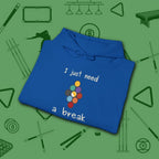 Need a Break 9-Ball Hoodie, in Royal color, billiards hoodie, folded view