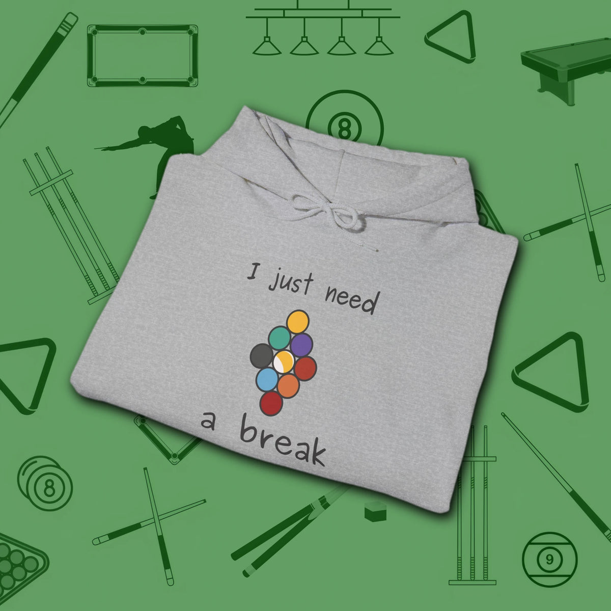 Need a Break 9-Ball Hoodie, in Sport Grey color, billiards hoodie, folded view
