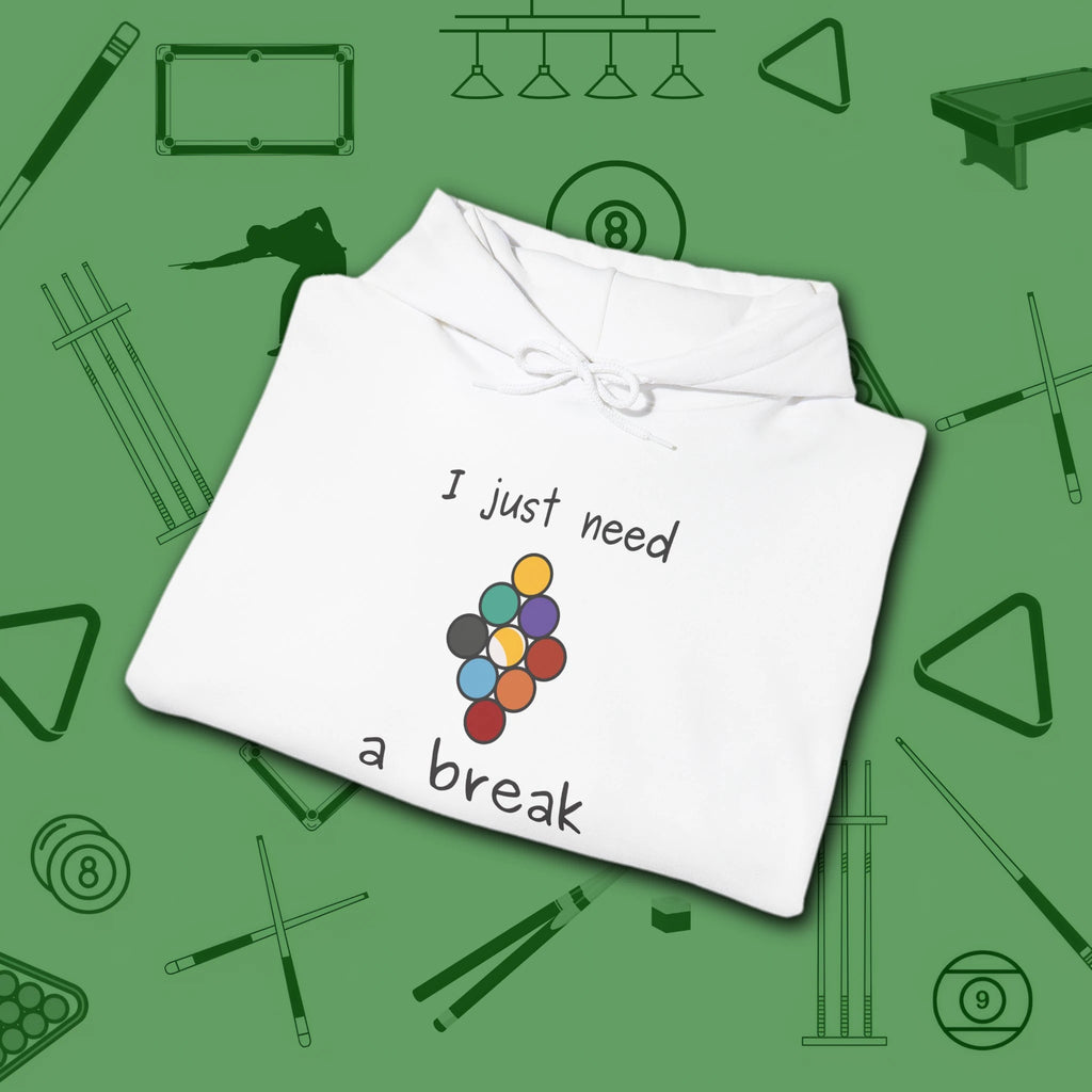 Need a Break 9-Ball Hoodie, in White color, billiards hoodie, folded view