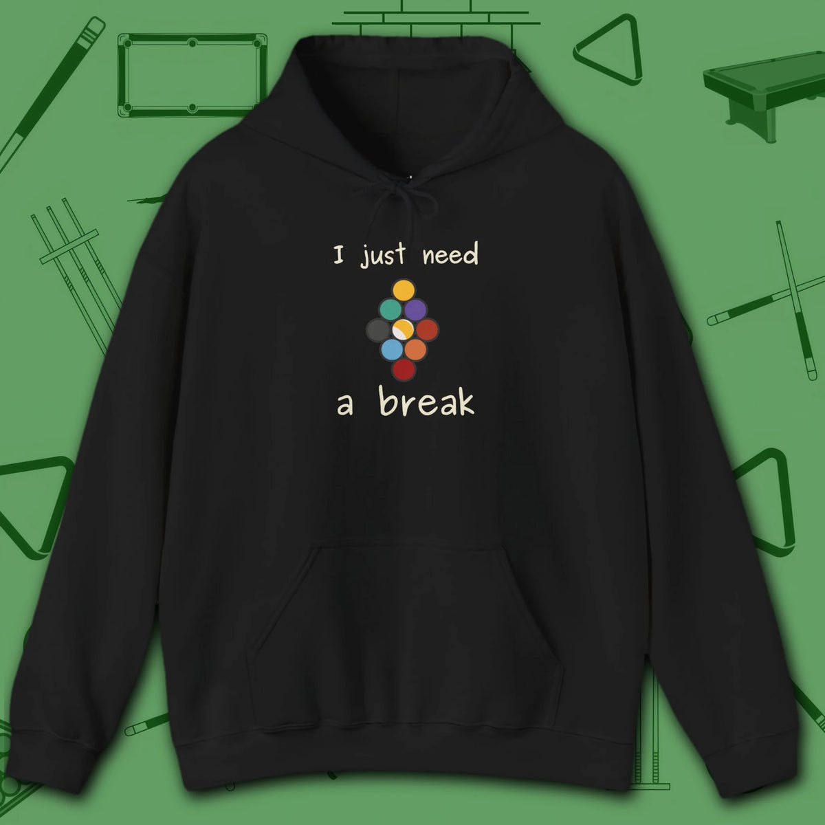 Need a Break 9-Ball Hoodie, in Black color, billiards hoodie, front view