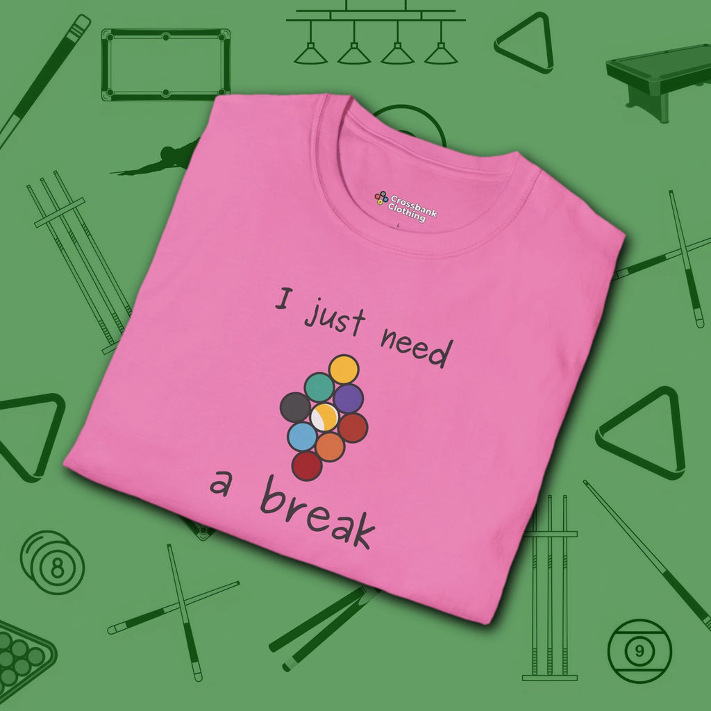 Need a Break 9-Ball T-Shirt, in Azalea color, billiards shirt, folded view