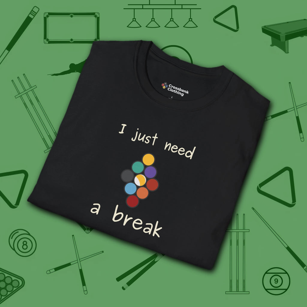 Need a Break 9-Ball T-Shirt, in Black color, billiards shirt, folded view