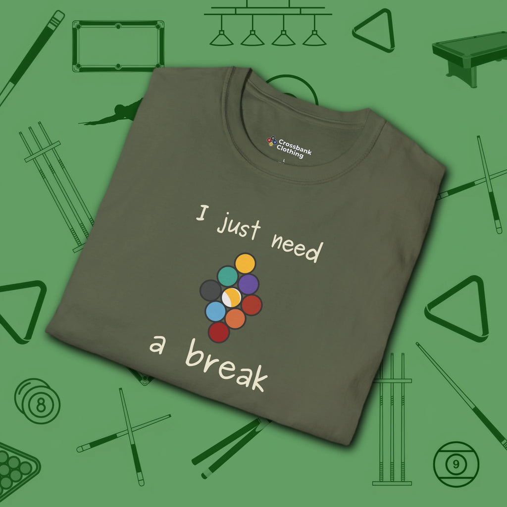 Need a Break 9-Ball T-Shirt, in Military Green color, billiards shirt, folded view