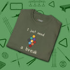 Need a Break 9-Ball T-Shirt, in Military Green color, billiards shirt, folded view