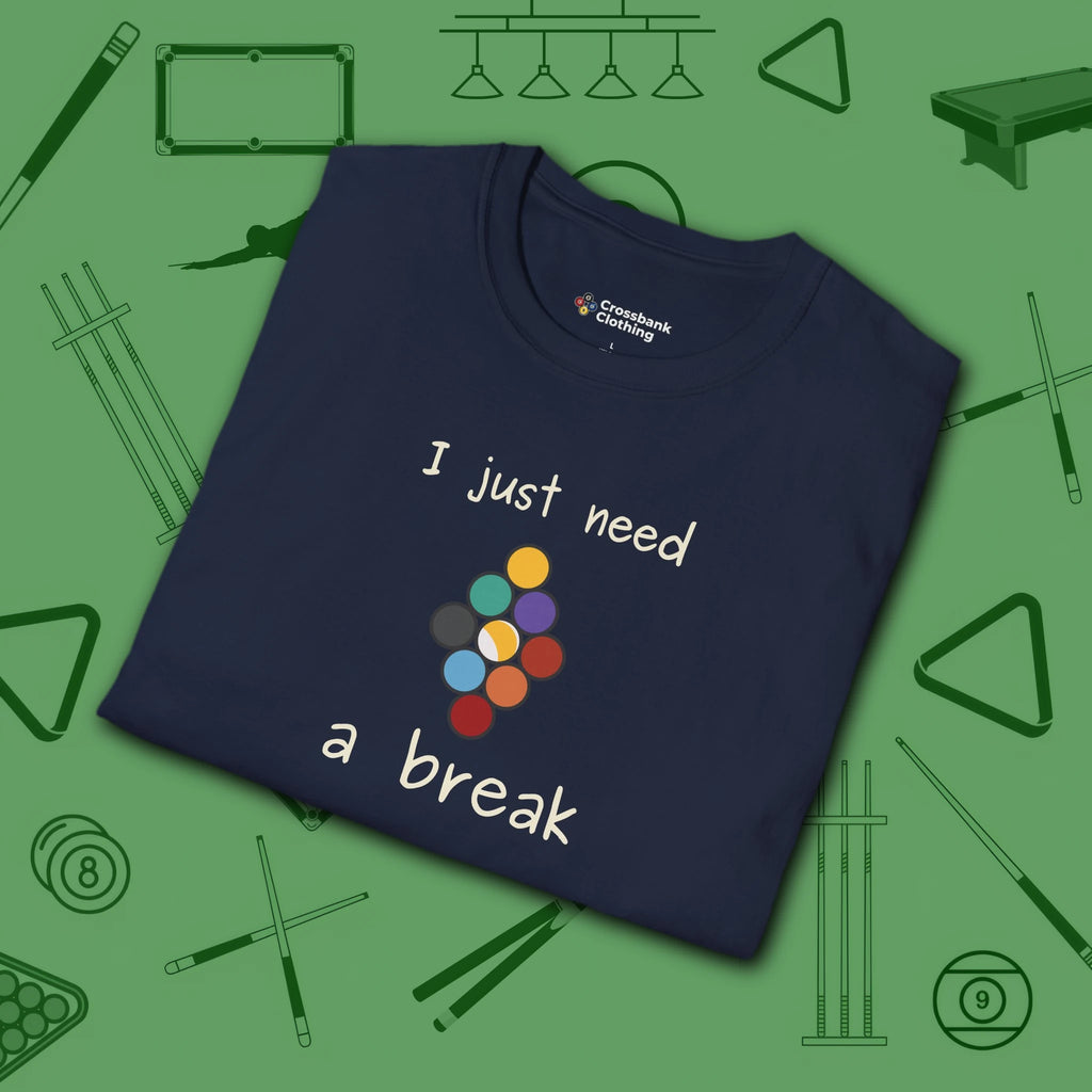 Need a Break 9-Ball T-Shirt, in Navy color, billiards shirt, folded view