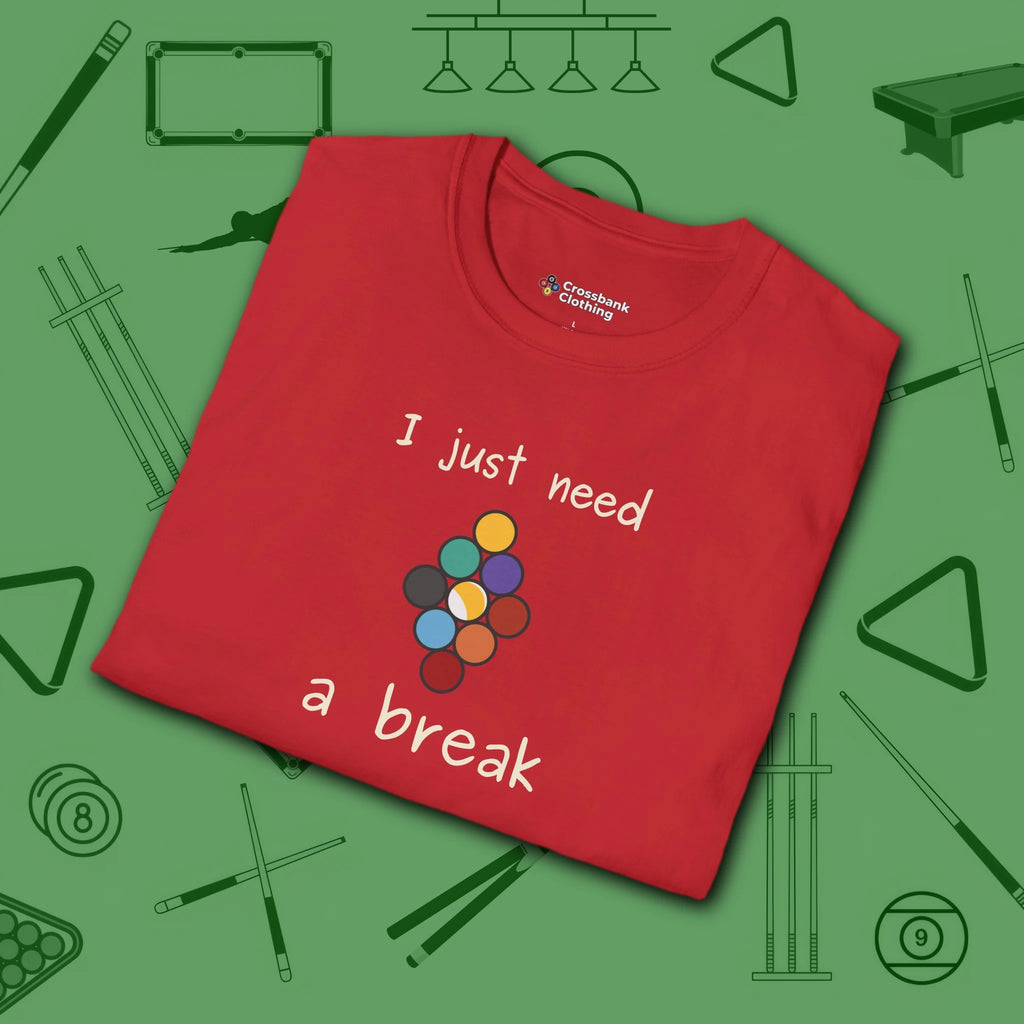 Need a Break 9-Ball T-Shirt, in Red color, billiards shirt, folded view