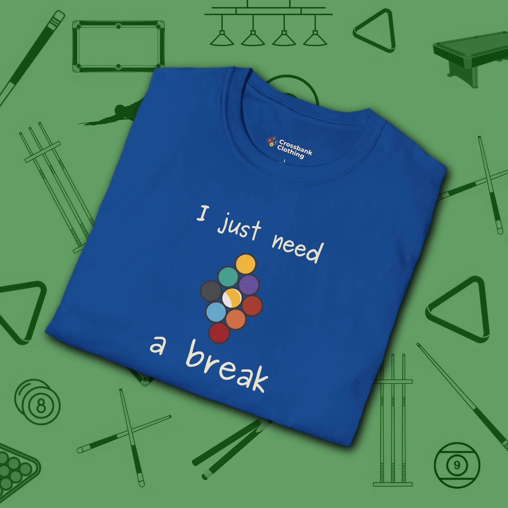Need a Break 9-Ball T-Shirt, in Royal color, billiards shirt, folded view