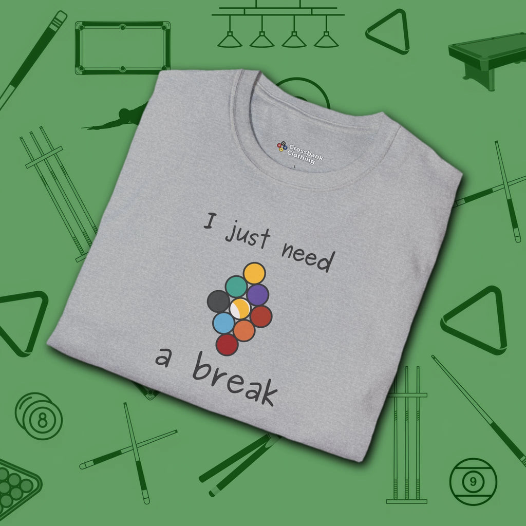 Need a Break 9-Ball T-Shirt, in Sport Grey color, billiards shirt, folded view