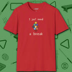Need a Break 9-Ball T-Shirt, in Red color, billiards shirt, front view