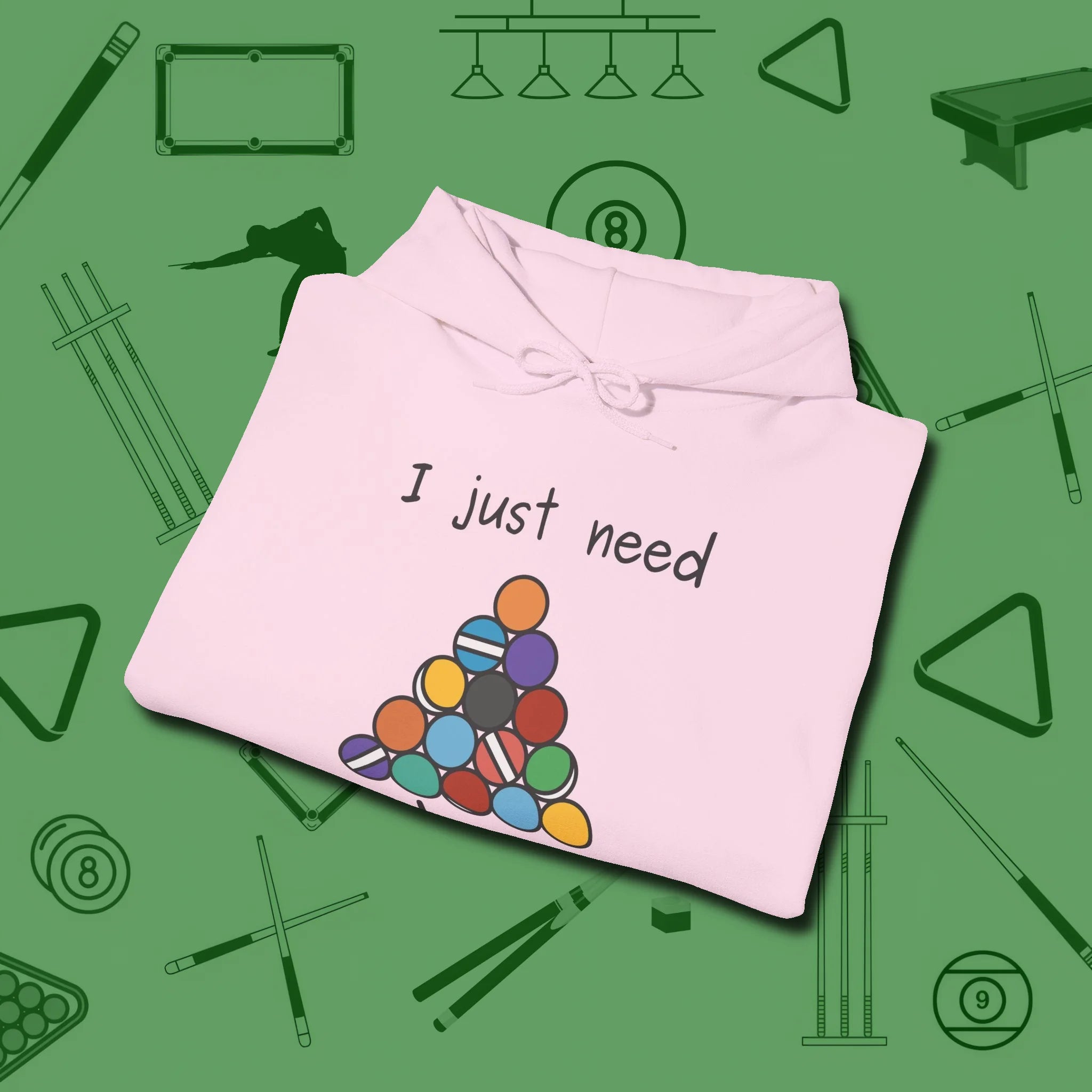 Need A Break Eight Ball Hoodie, folded view, in Light Pink subtle drip for serious shooters