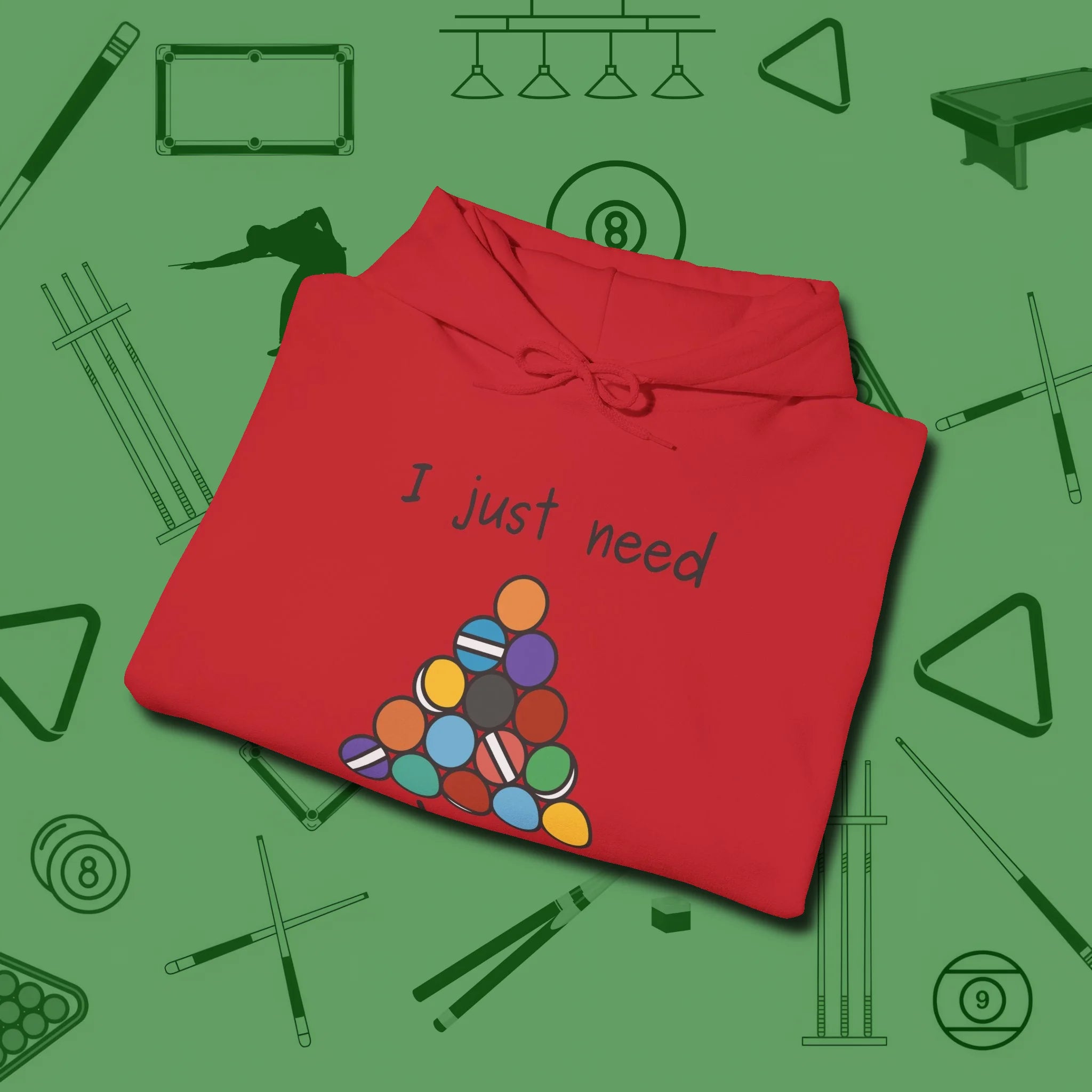 Need A Break Eight Ball Hoodie, folded view, in Red cool under pressure, hot on the eyes