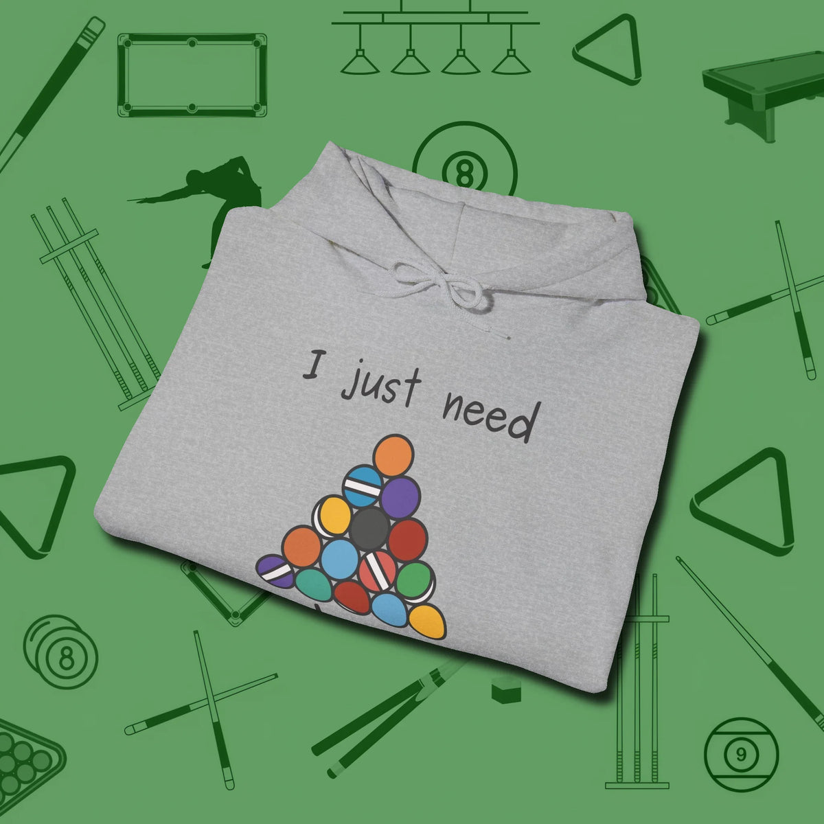 Need A Break Eight Ball Hoodie, folded view, in Sport Grey because pool isn’t just a game — it’s who you are