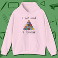 Need A Break Eight Ball Hoodie, front view, in Light Pink for players who live the game