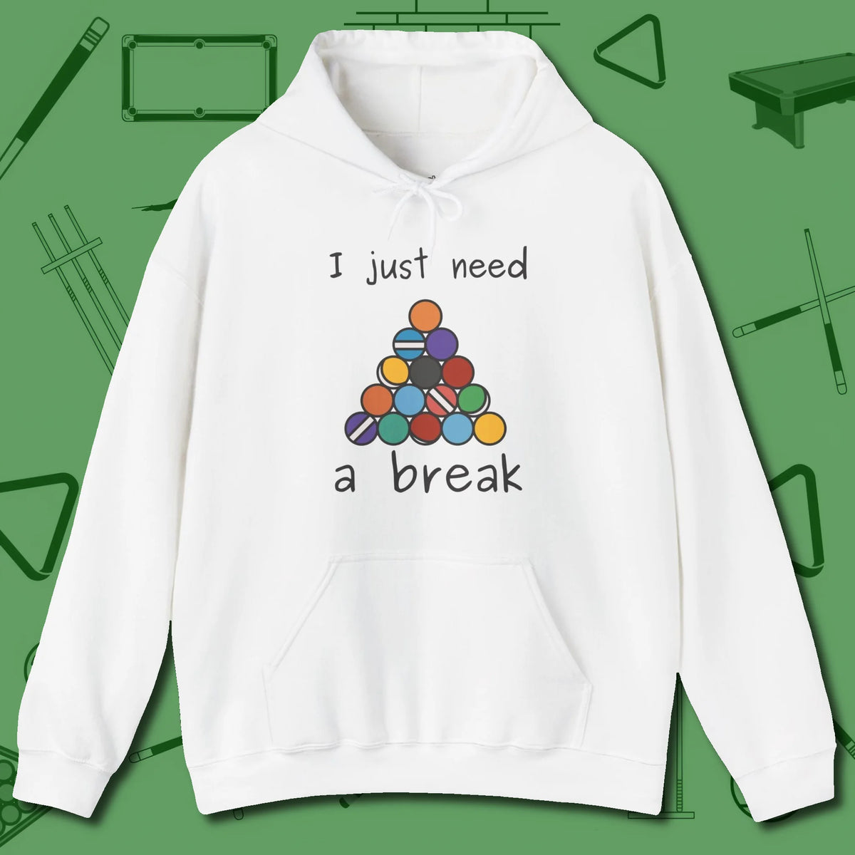 Need A Break Eight Ball Hoodie, front view, in White make every shot — and outfit — count