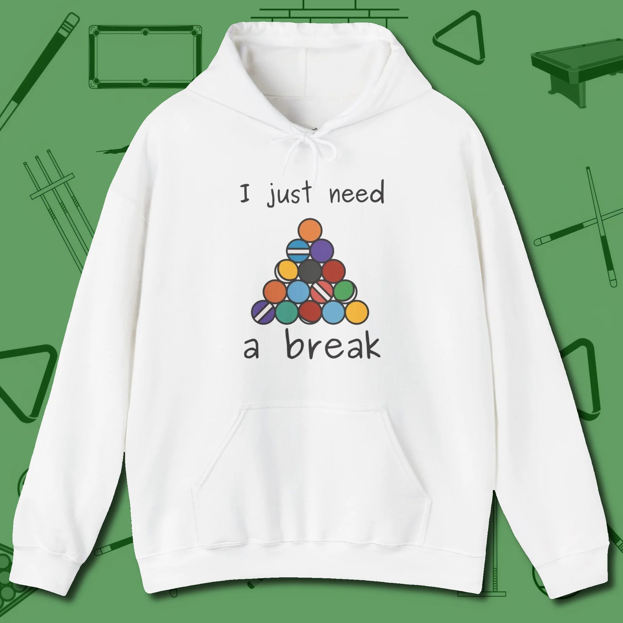 Need A Break Eight Ball Hoodie, front view, in White make every shot — and outfit — count