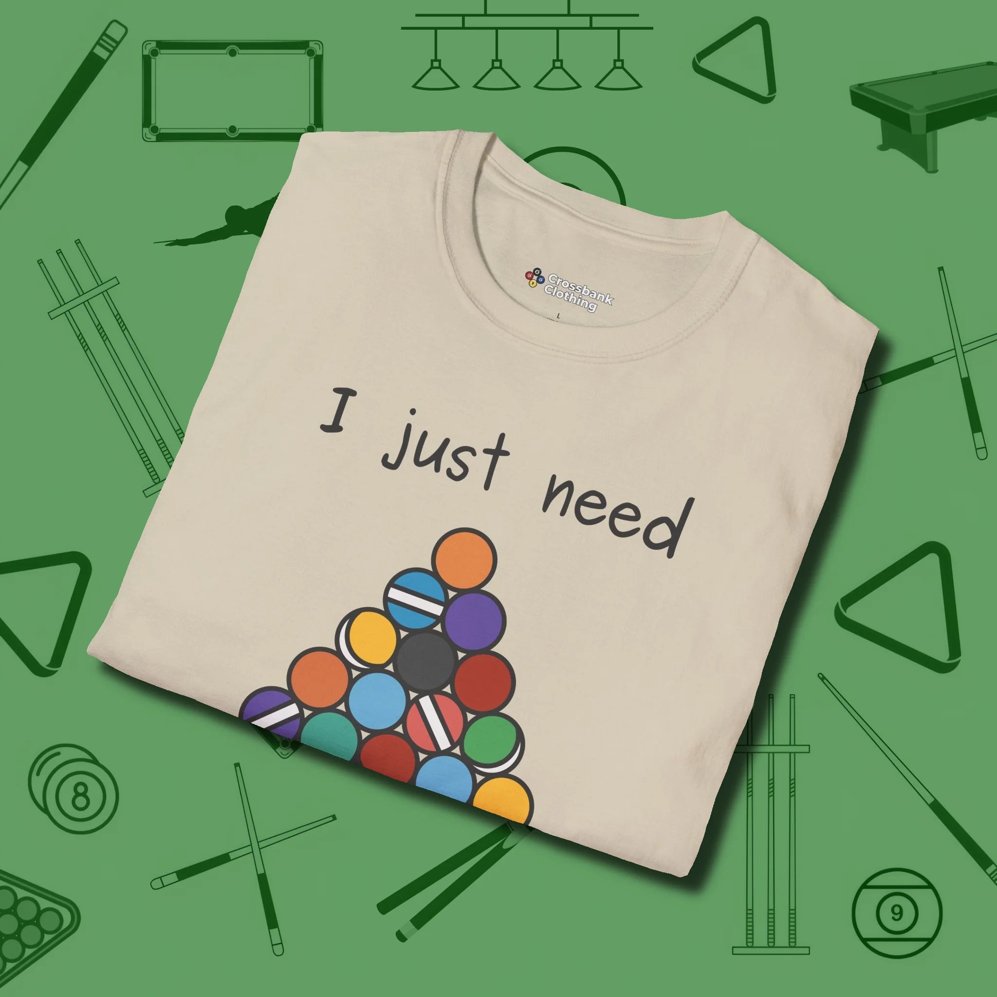 Need A Break Eight Ball T-Shirt, folded view, in Sand because you don’t just play — you represent