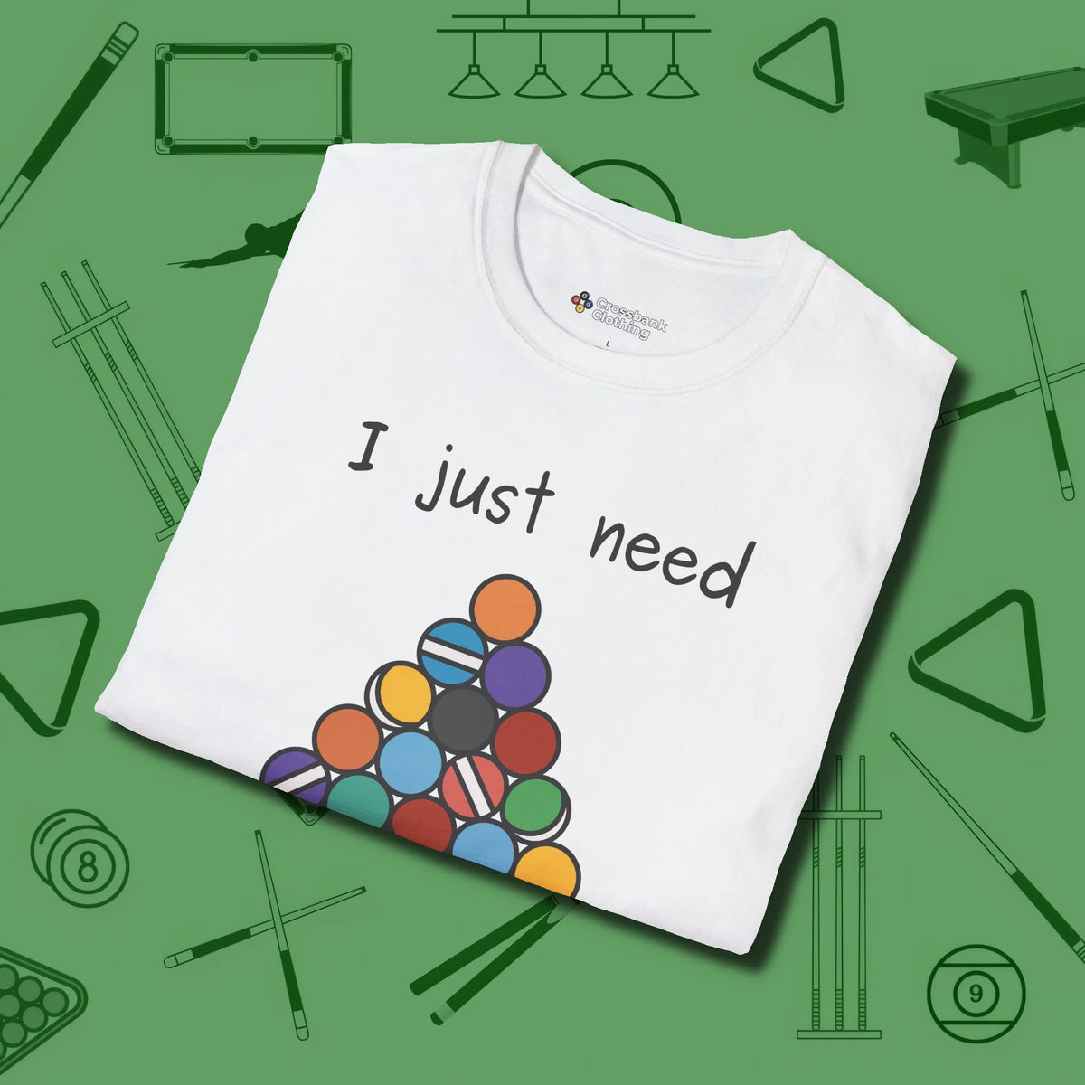 Need A Break Eight Ball T-Shirt, folded view, in White strike fear with swagger and precision