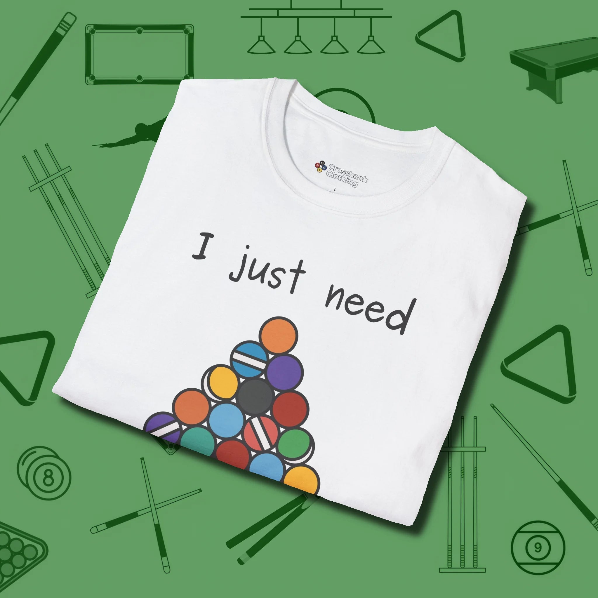 Need A Break Eight Ball T-Shirt, folded view, in White strike fear with swagger and precision