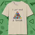 Need A Break Eight Ball T-Shirt, front view, in Sand smart apparel for strategic players