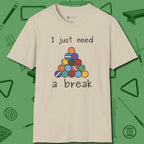 Need A Break Eight Ball T-Shirt, front view, in Sand smart apparel for strategic players