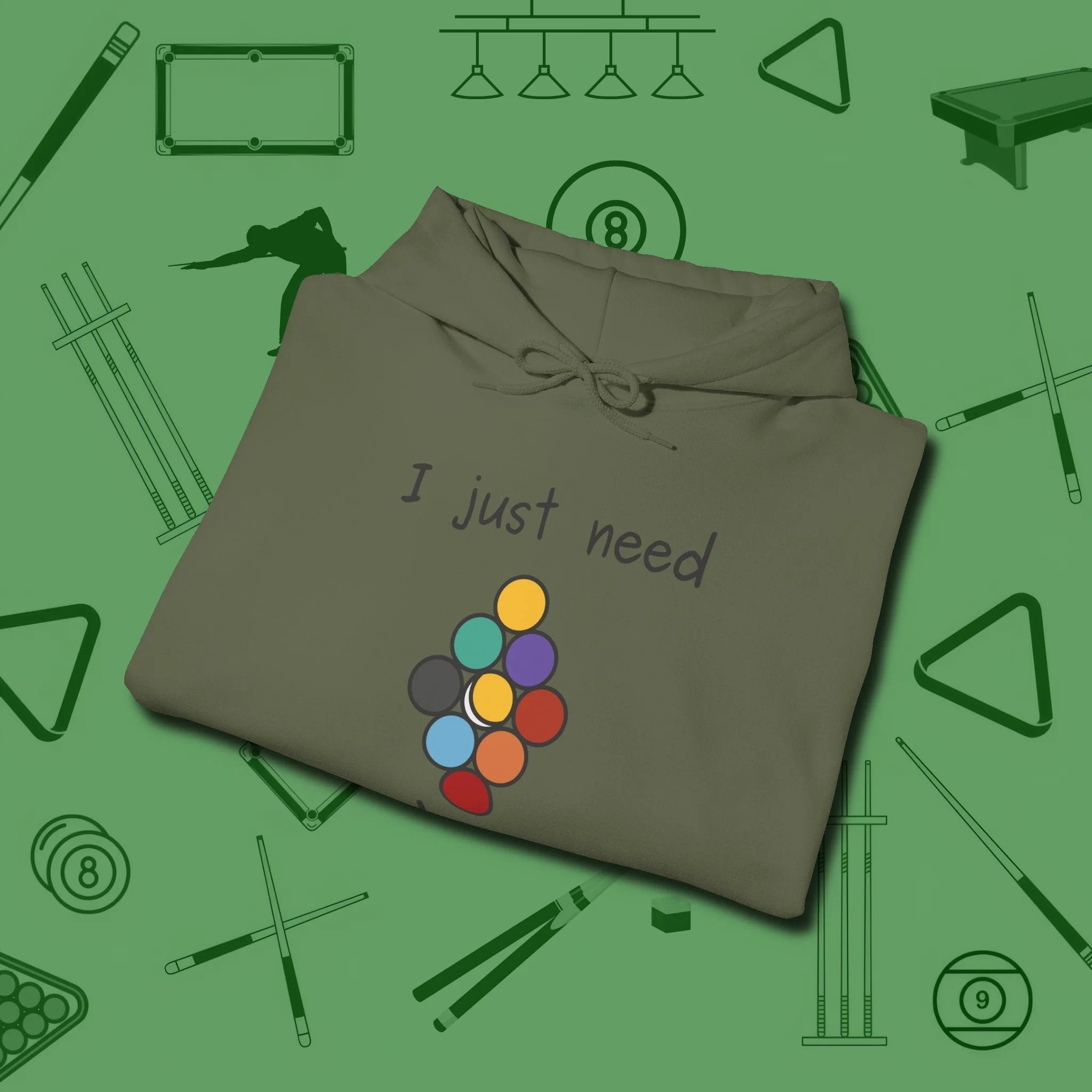 Need A Break Nine Ball Hoodie, folded view, in Military Green strike fear with swagger and precision