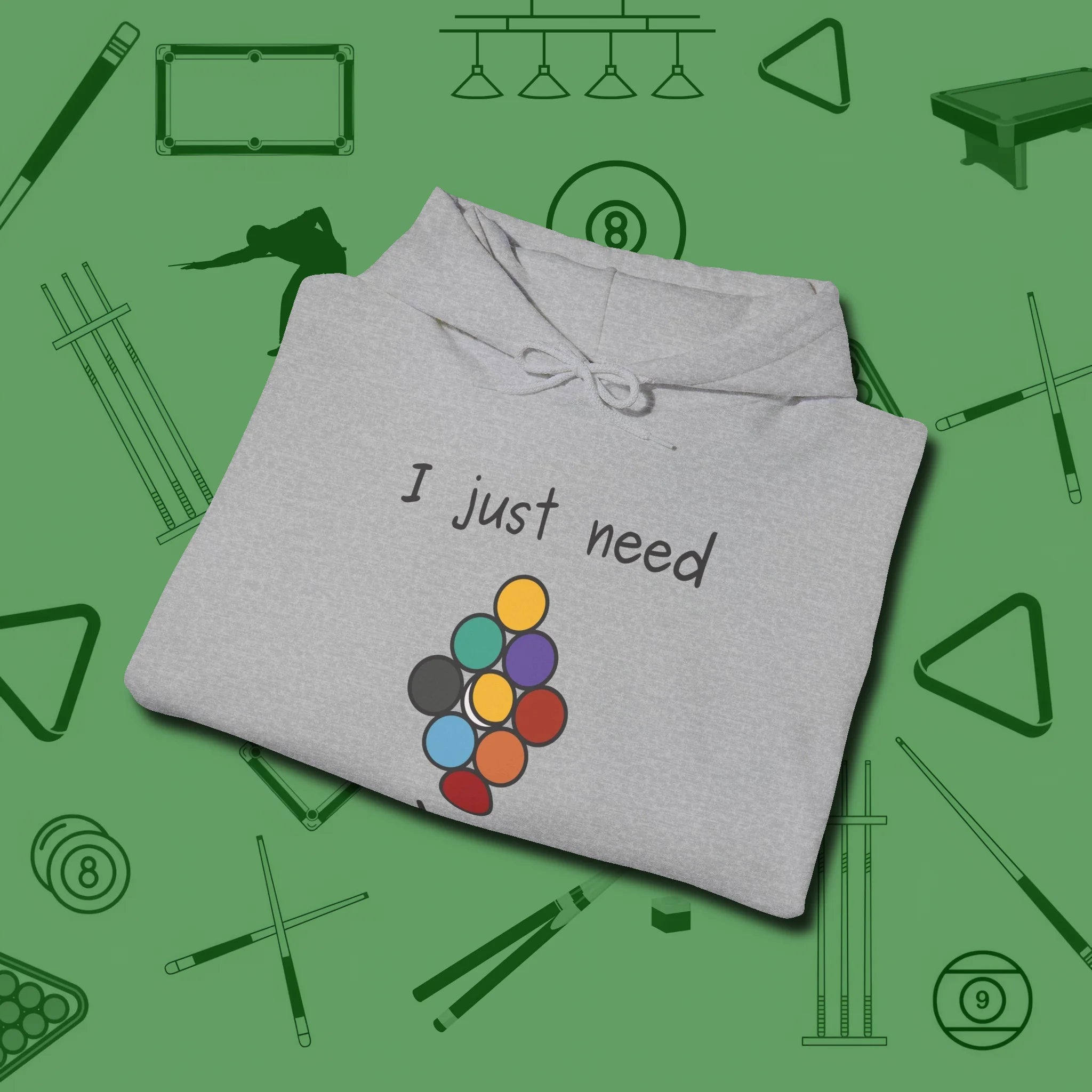 Need A Break Nine Ball Hoodie, folded view, in Sport Grey table-tested, street-approved style
