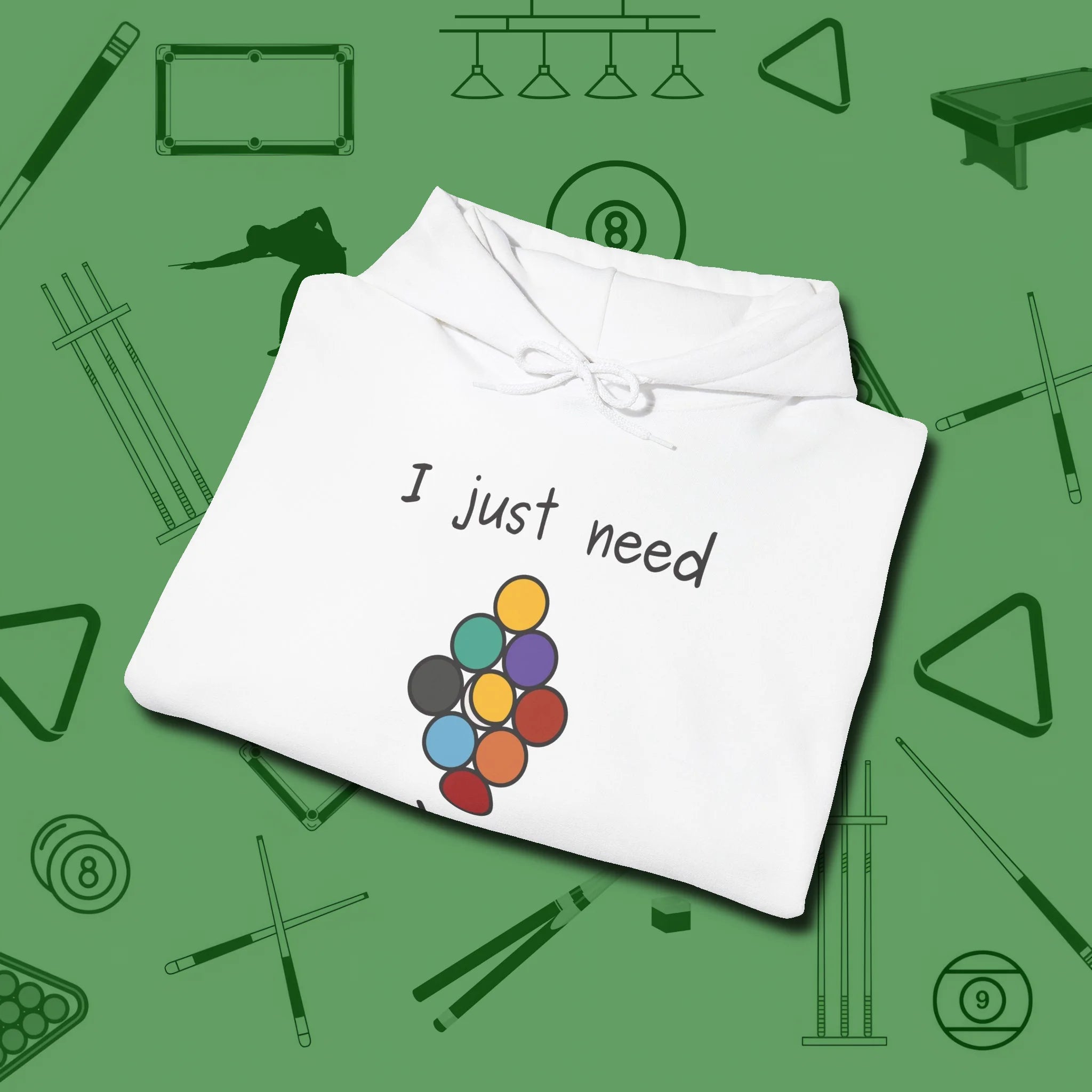Need A Break Nine Ball Hoodie, folded view, in White clean lines for dirty minds