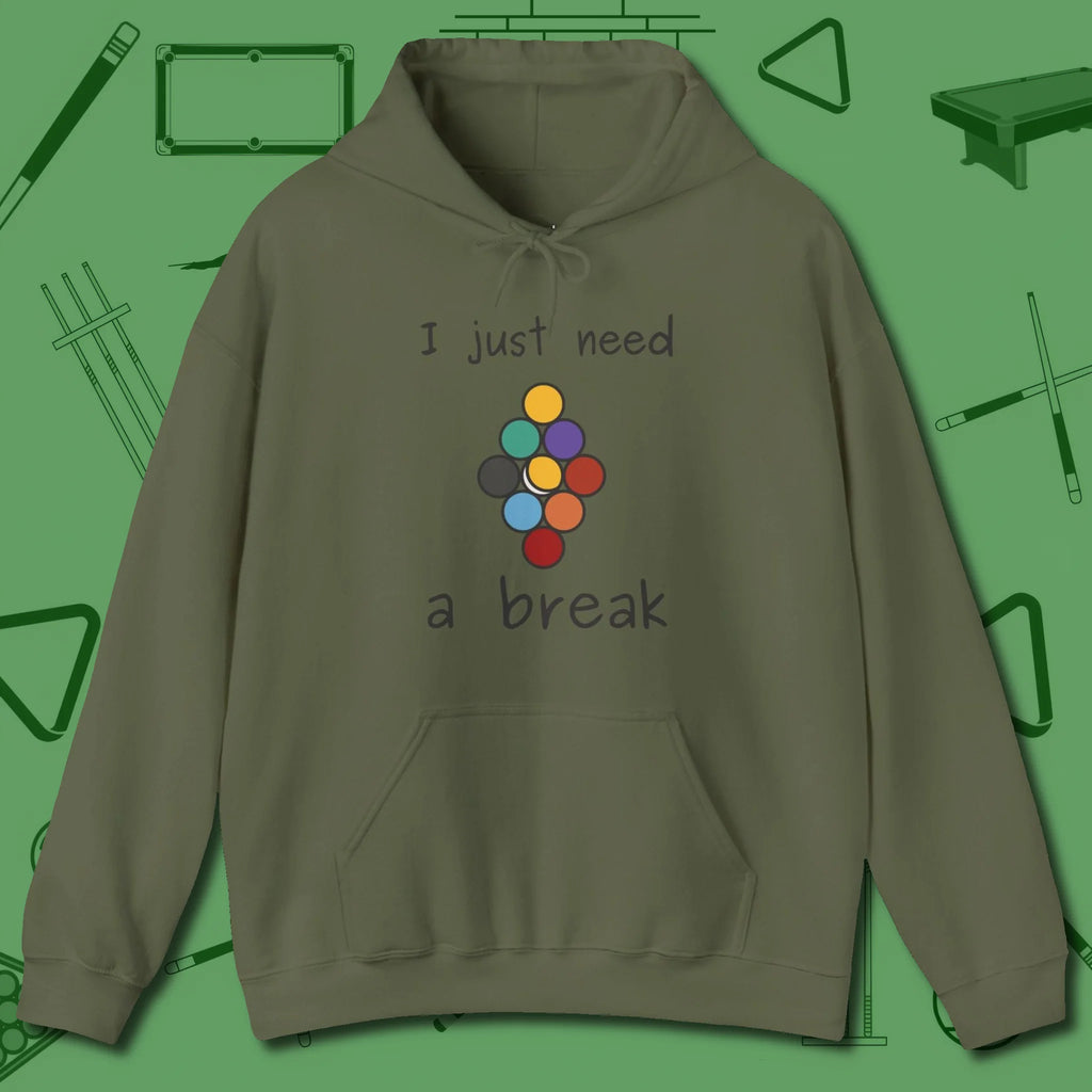 Need A Break Nine Ball Hoodie, front view, in Military Green stitched for cue discipline and cool confidence