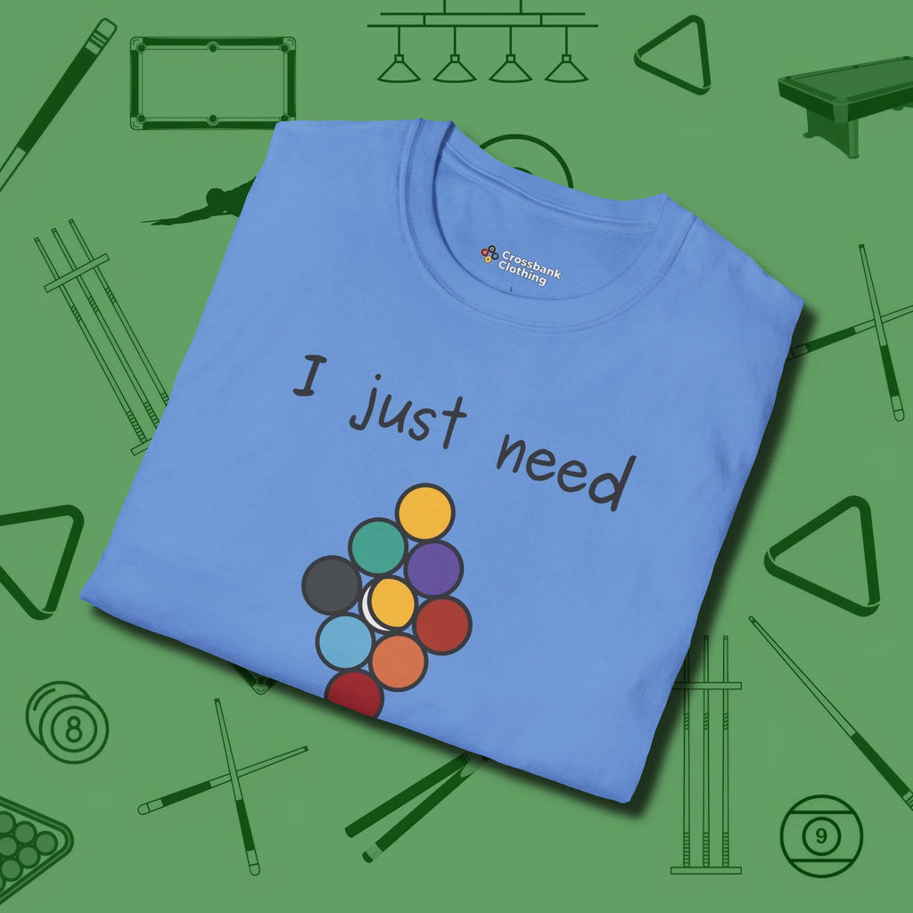 Need A Break Nine Ball T-Shirt, folded view, in Carolina Blue cool under pressure, hot on the eyes
