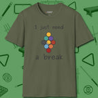 Need A Break Nine Ball T-Shirt, front view, in Military Green confidence stitched in every seam