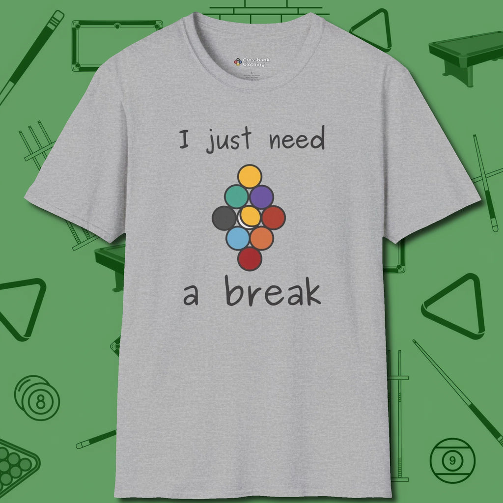 Need A Break Nine Ball T-Shirt, front view, in Sport Grey smart apparel for strategic players