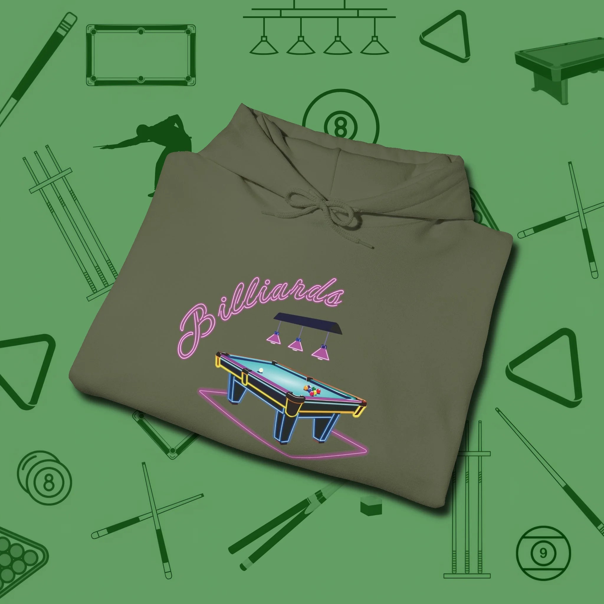 Neon Dream Billiards Hoodie, folded view, in Military Green stitched for cue discipline and cool confidence