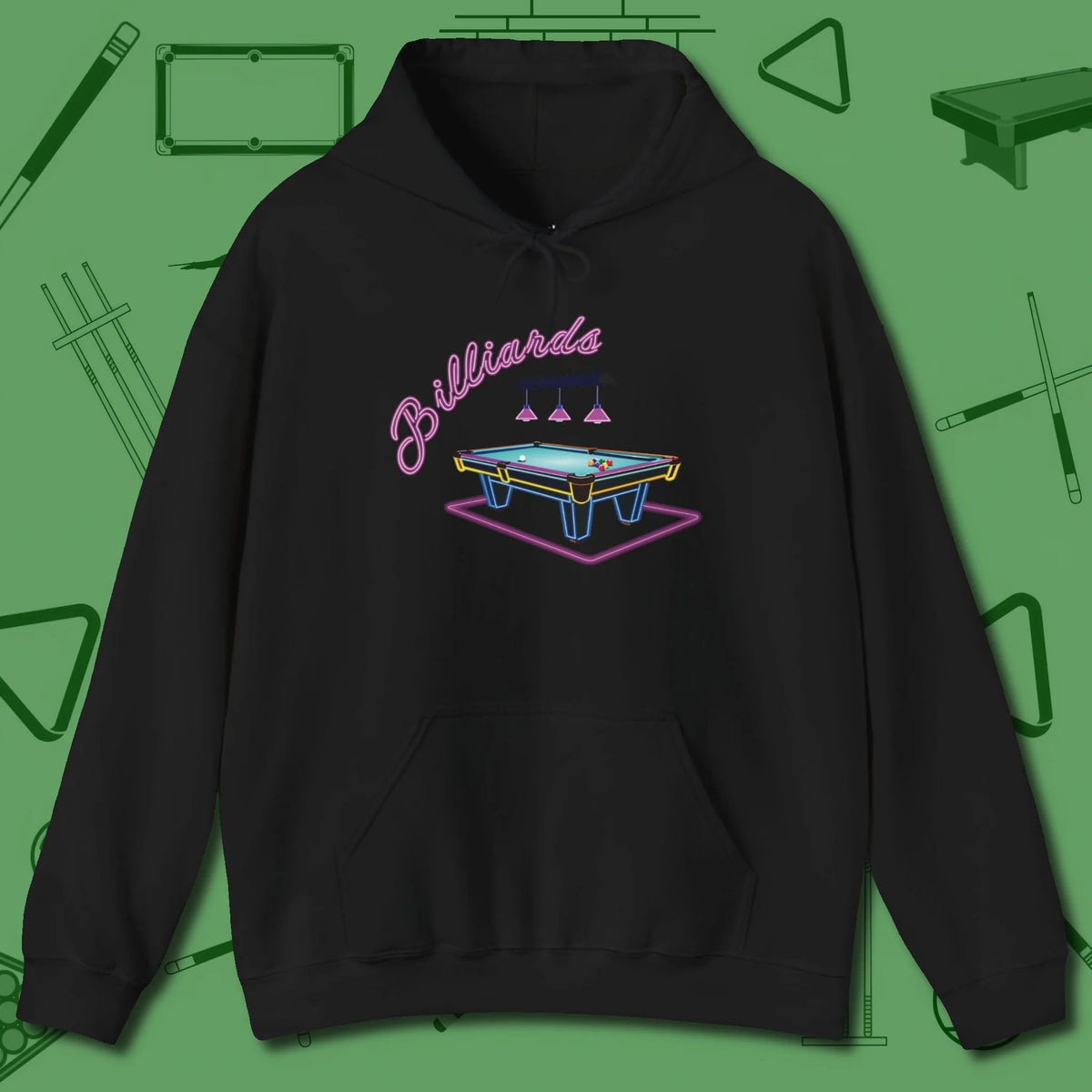 Neon Dream Billiards Hoodie, front view, in Black for players who live the game