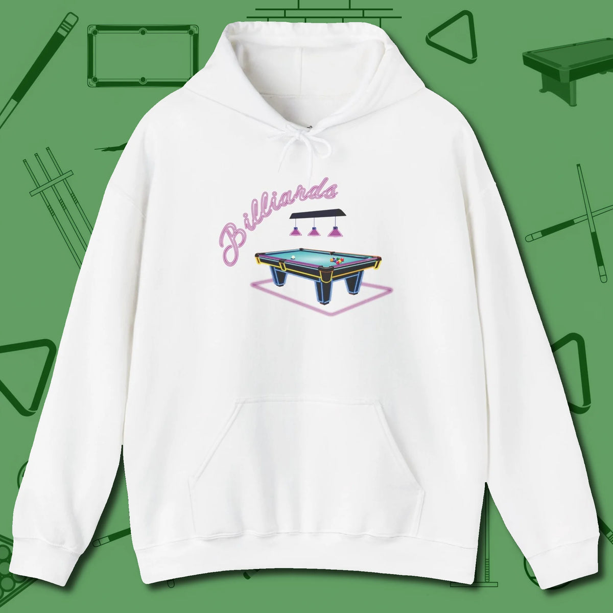 Neon Dream Billiards Hoodie, front view, in White cue sports swagger done right