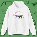 Neon Dream Billiards Hoodie, front view, in White cue sports swagger done right