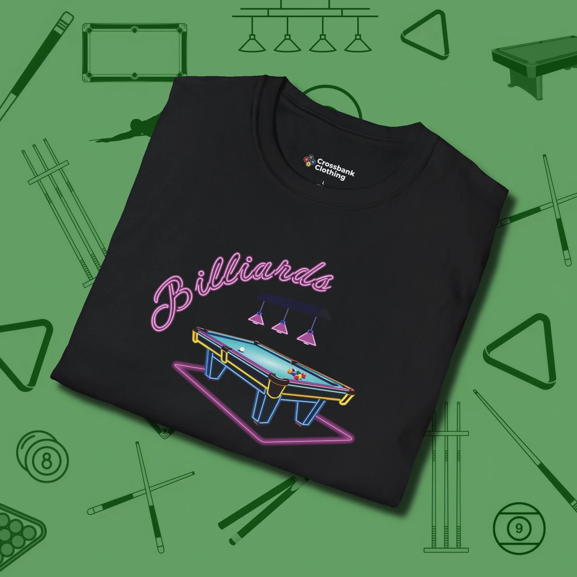 Neon Dream Billiards T-Shirt, folded view, in Black break, run out, turn heads — repeat