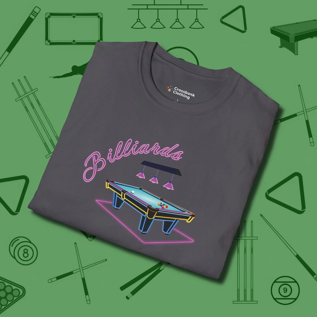 Neon Dream Billiards T-Shirt, folded view, in Charcoal put your best game on display