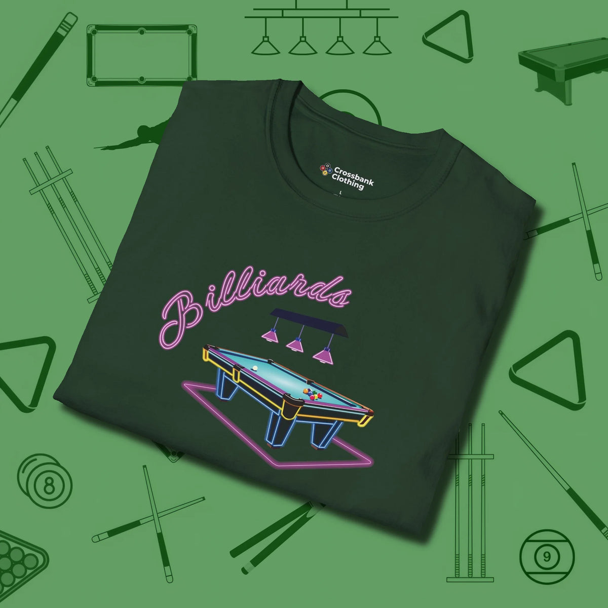 Neon Dream Billiards T-Shirt, folded view, in Forest Green like your stroke — smooth and deliberate